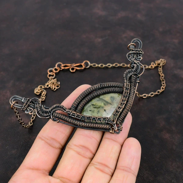 Moss Prehnite Oval Green Handmade Copper Wire Wrapped Necklace