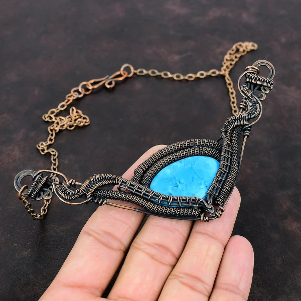 Arizona Turquoise Oval Blue Handmade Copper Wire Wrapped Necklace