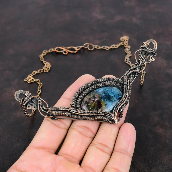 Watermelon Tourmaline Oval Blue Handmade Copper Wire Wrapped Necklace