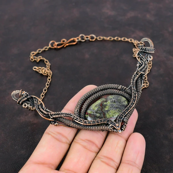 Dragon Bloodstone Oval Green Handmade Copper Wire Wrapped Necklace