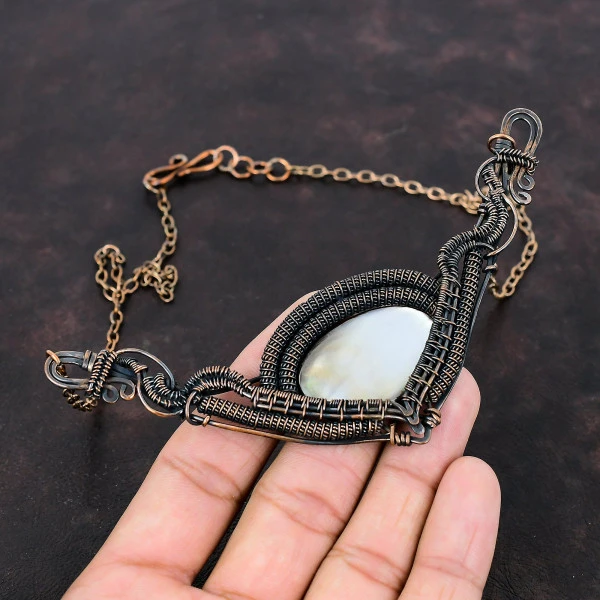 Mother Of Pearl Oval White Handmade Copper Wire Wrapped Necklace