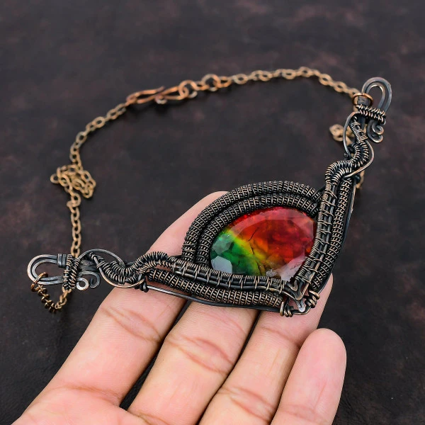 Ammolite Oval Red Handmade Copper Wire Wrapped Necklace