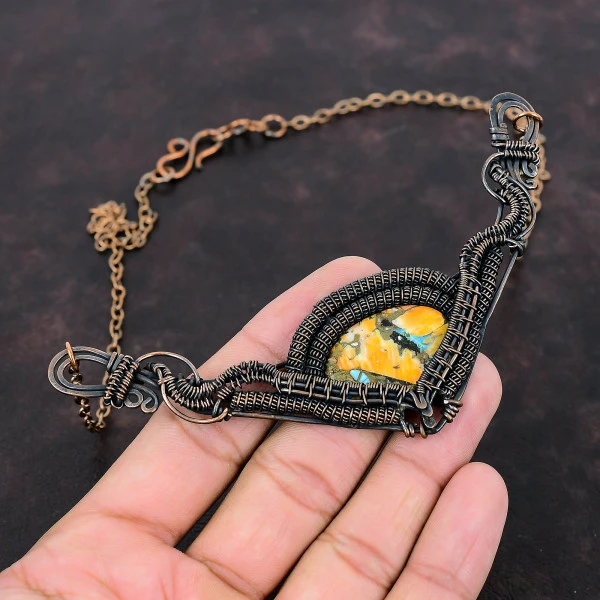 Spiny Oyster Copper Turquoise Oval Orange Handmade Copper Wire Wrapped Necklace