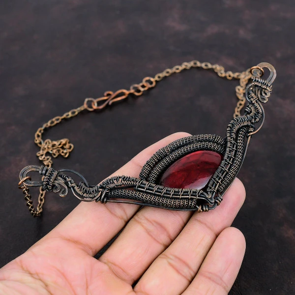 Red Fire Labradorite Oval Red Handmade Copper Wire Wrapped Necklace