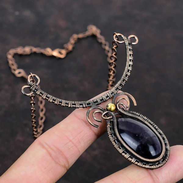 Chevron Amethyst Oval Purple Handmade Copper Wire Wrapped Necklace