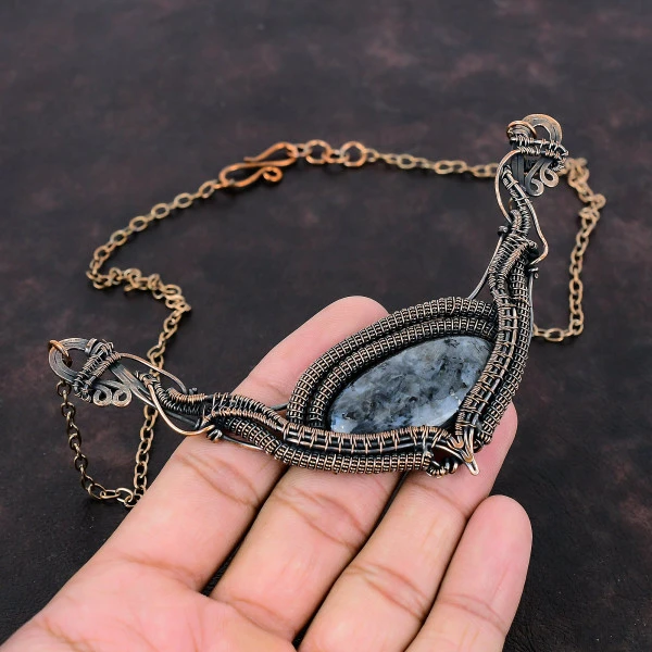 Larvikite Oval Gray Handmade Copper Wire Wrapped Necklace