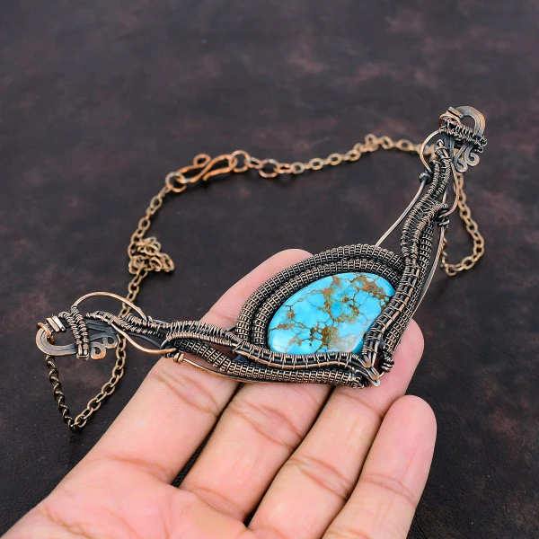Tibetan Turquoise Oval Blue Handmade Copper Wire Wrapped Necklace