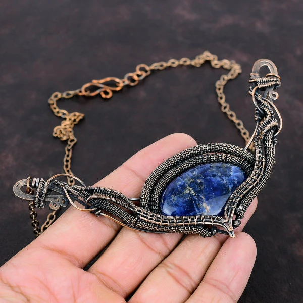 Sodalite Oval Blue Handmade Copper Wire Wrapped Necklace