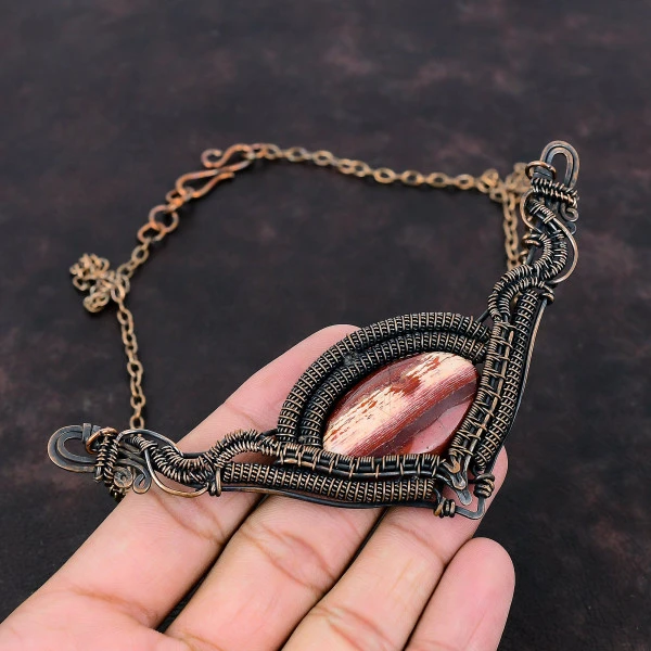 Red Snakeskin Jasper Oval Red Handmade Copper Wire Wrapped Necklace