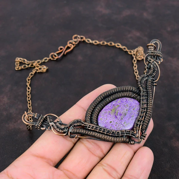 Purpurite Oval Purple Handmade Copper Wire Wrapped Necklace