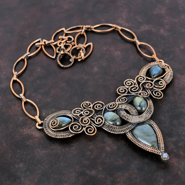 Labradorite Pear Gray Handmade Copper Wire Wrapped Necklace