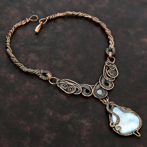 Handmade Larimar & Rainbow Moonstone Copper Wire Necklace