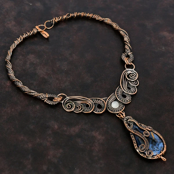 Pietersite Pear Gray Handmade Copper Wire Wrapped Necklace