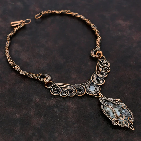Astrophyllite Oval Black Handmade Copper Wire Wrapped Necklace