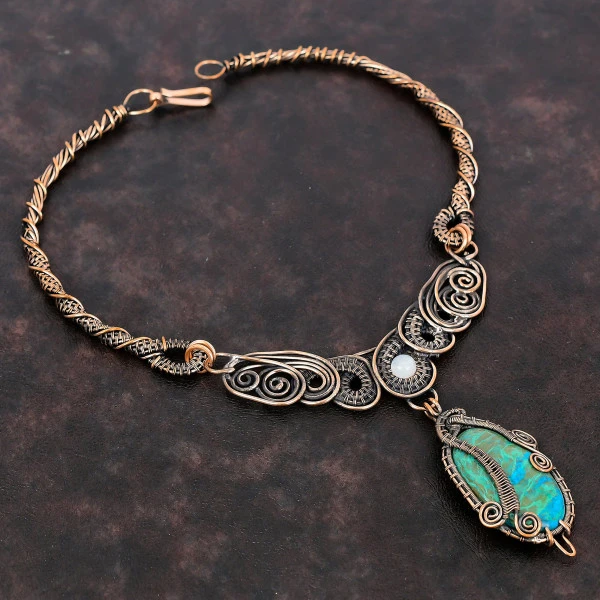 Chrysocolla Oval Green Handmade Copper Wire Wrapped Necklace