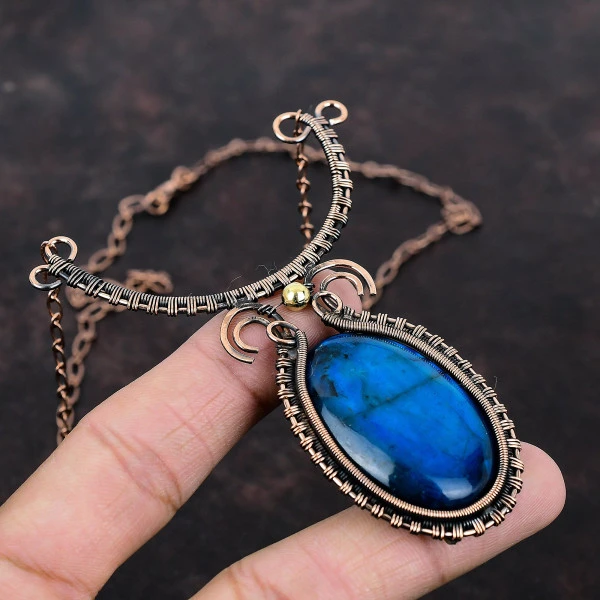 Neon Flash Labradorite Oval Blue Handmade Copper Wire Wrapped Necklace