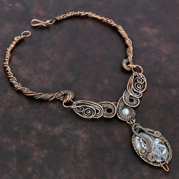 Pinolith Jasper Oval Black Handmade Copper Wire Wrapped Necklace