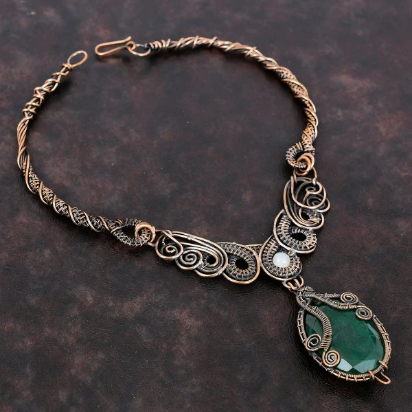 Zambian Emerald Oval Green Handmade Copper Wire Wrapped Necklace