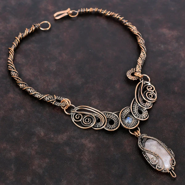 Rose Quartz Oval Pink Handmade Copper Wire Wrapped Necklace