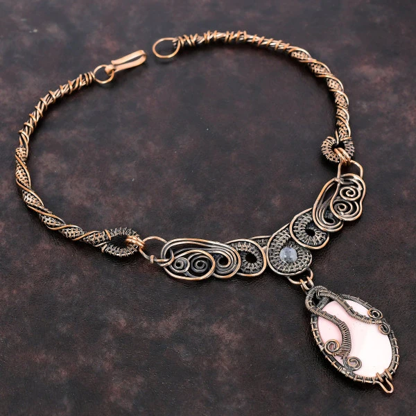 Pink Opal Oval Pink Handmade Copper Wire Wrapped Necklace