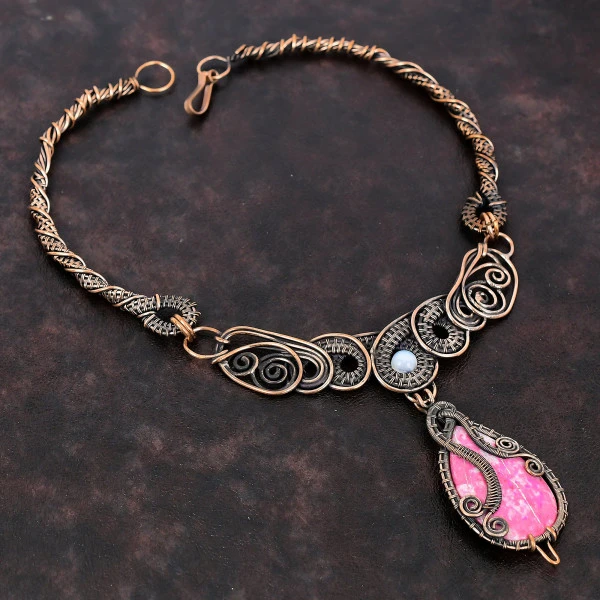Thulite Oval Pink Handmade Copper Wire Wrapped Necklace
