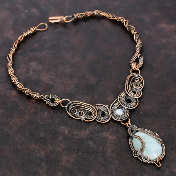 Aquamarine Oval Blue Handmade Copper Wire Wrapped Necklace