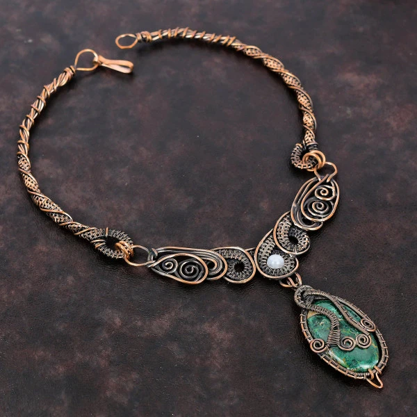 Cuprite Chrysocolla Oval Green Handmade Copper Wire Wrapped Necklace