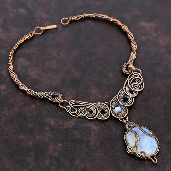Rainbow Moonstone Oval White Handmade Copper Wire Wrapped Necklace