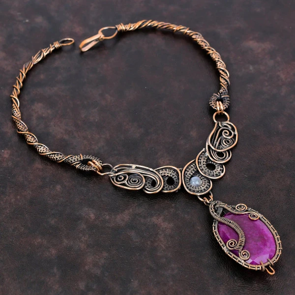 Kashmir Ruby Oval Red Handmade Copper Wire Wrapped Necklace