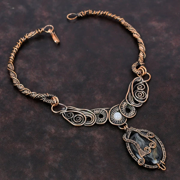 Picasso Jasper Oval Black Handmade Copper Wire Wrapped Necklace