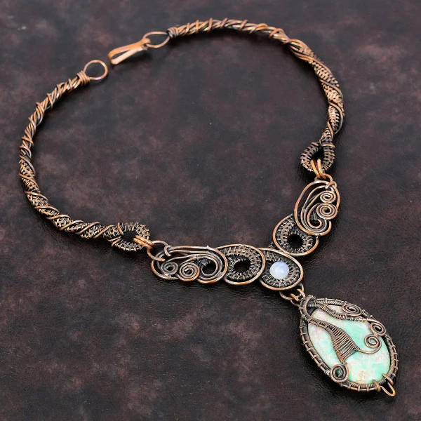 Variscite Oval Green Handmade Copper Wire Wrapped Necklace