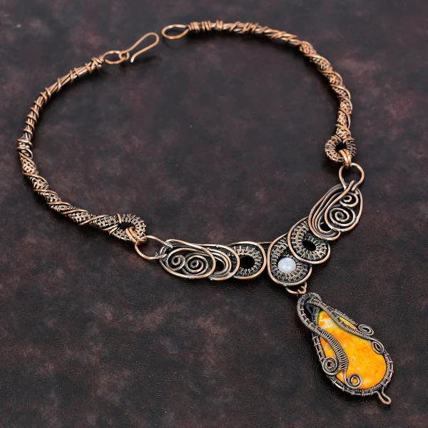Bumble Bee Jasper Pear Yellow Handmade Copper Wire Wrapped Necklace