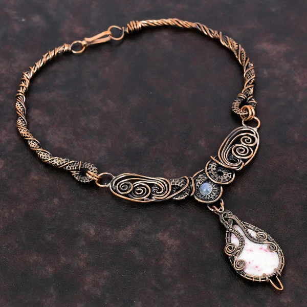 Cinnabar Oval White Handmade Copper Wire Wrapped Necklace