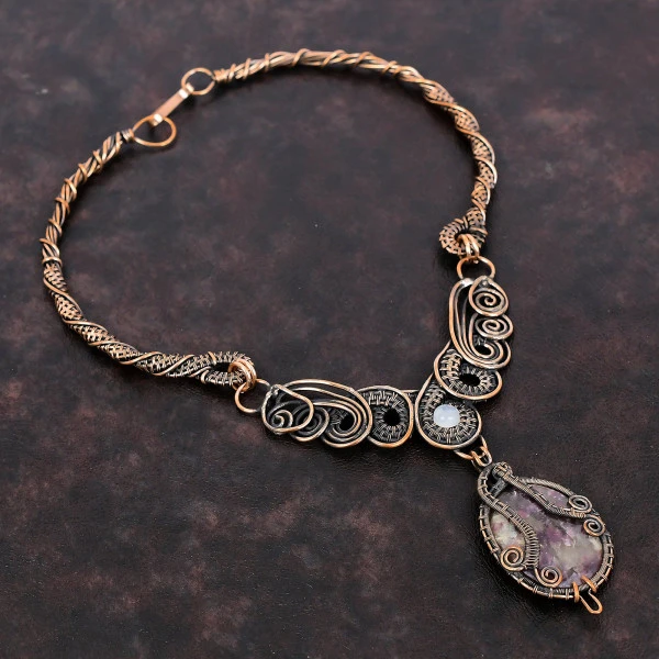 Pink Tourmaline Oval Pink Handmade Copper Wire Wrapped Necklace