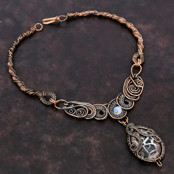 Moroccan Mud Crack Fossil Oval Brown Handmade Copper Wire Wrapped Necklace