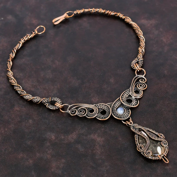 Peanut Wood Jasper Pear Brown Handmade Copper Wire Wrapped Necklace