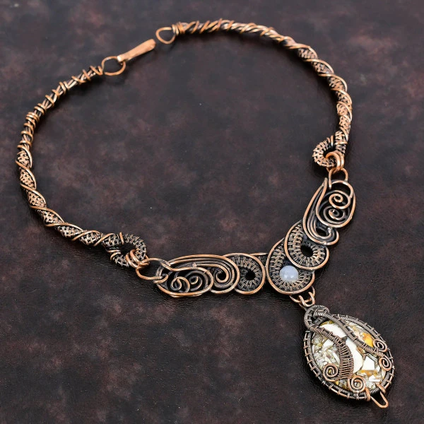 Brecciated Mookaite Oval Yellow Handmade Copper Wire Wrapped Necklace
