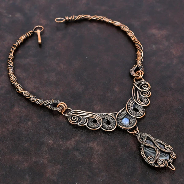 Psilomelane Oval Black Handmade Copper Wire Wrapped Necklace