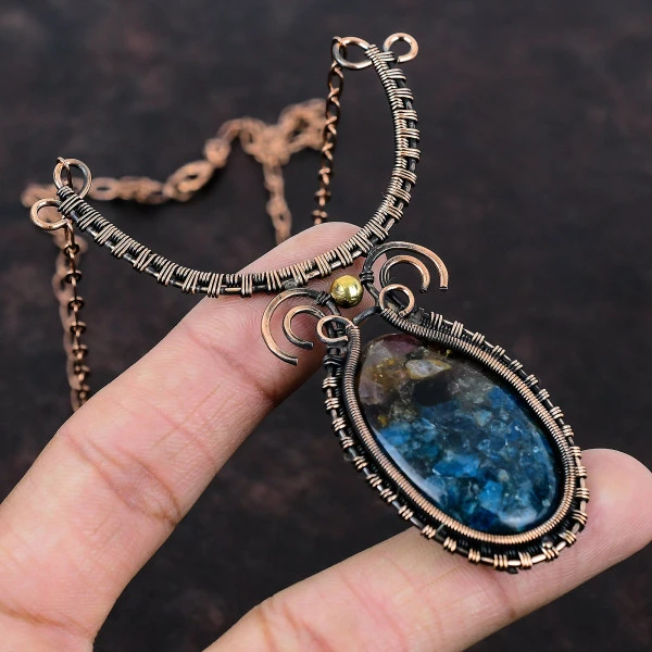 Watermelon Tourmaline Oval Blue Handmade Copper Wire Wrapped Necklace