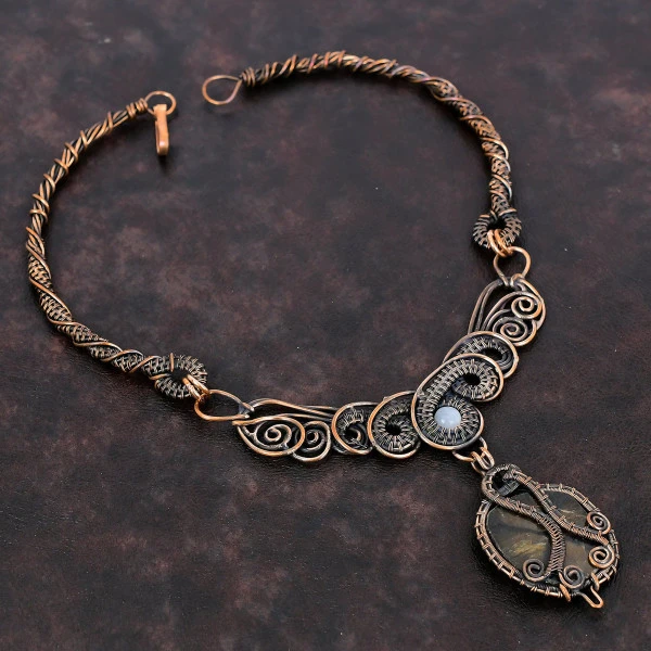 Chiastolite Pentagon Brown Handmade Copper Wire Wrapped Necklace