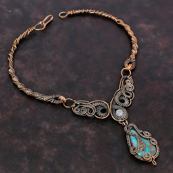 Shattuckite Pear Blue Handmade Copper Wire Wrapped Necklace