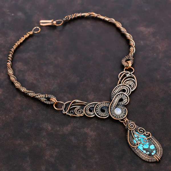 Tibetan Turquoise Pear Blue Handmade Copper Wire Wrapped Necklace