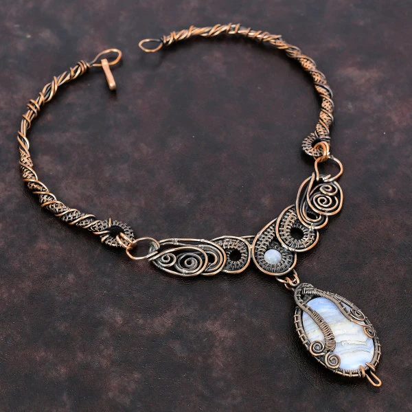 Blue Lace Agate Oval Blue Handmade Copper Wire Wrapped Necklace