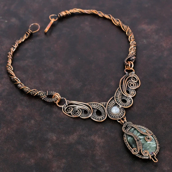 Seraphinite Oval Green Handmade Copper Wire Wrapped Necklace