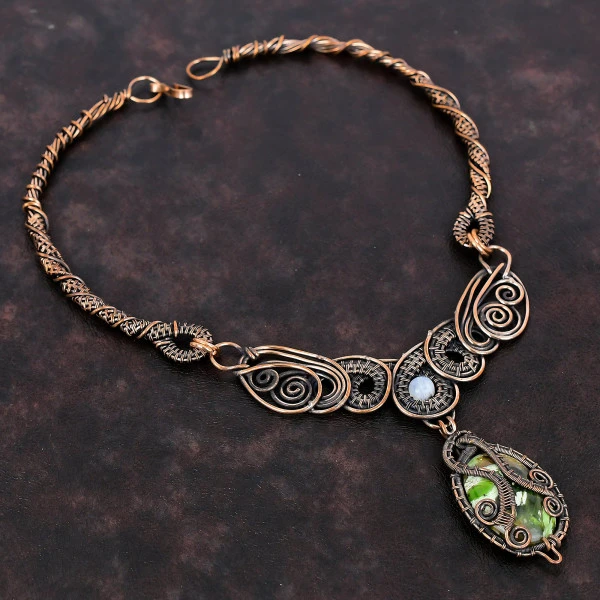 Australian Chrome Chalcedony Oval Green Handmade Copper Wire Wrapped Necklace