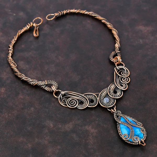 Smithsonite Pear Blue Handmade Copper Wire Wrapped Necklace