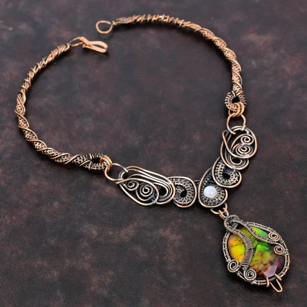 Ammolite Oval Yellow Handmade Copper Wire Wrapped Necklace