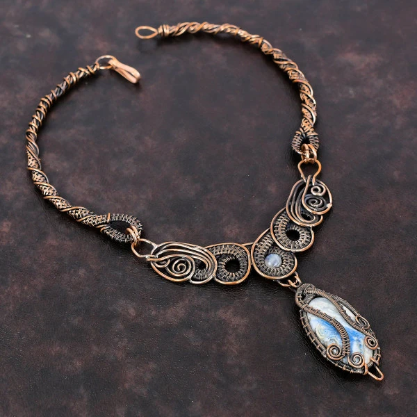 Blue Scheelite Oval Blue Handmade Copper Wire Wrapped Necklace