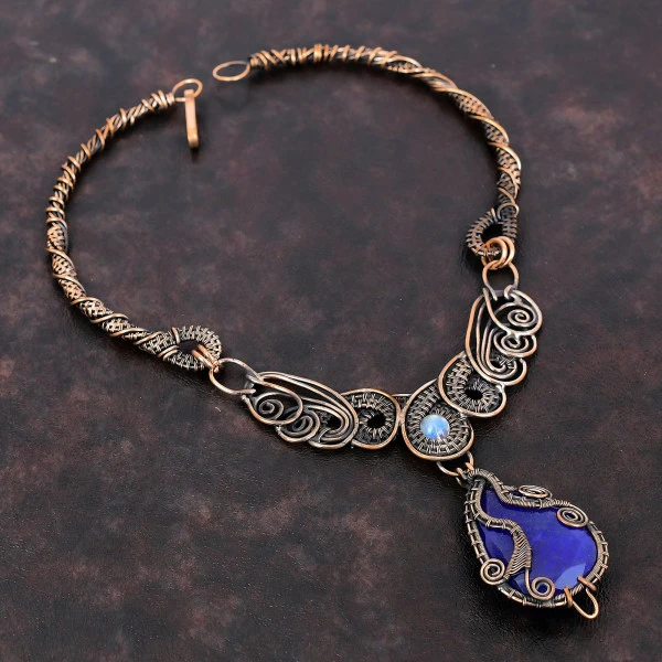 Blue Sapphire Pear Blue Handmade Copper Wire Wrapped Necklace