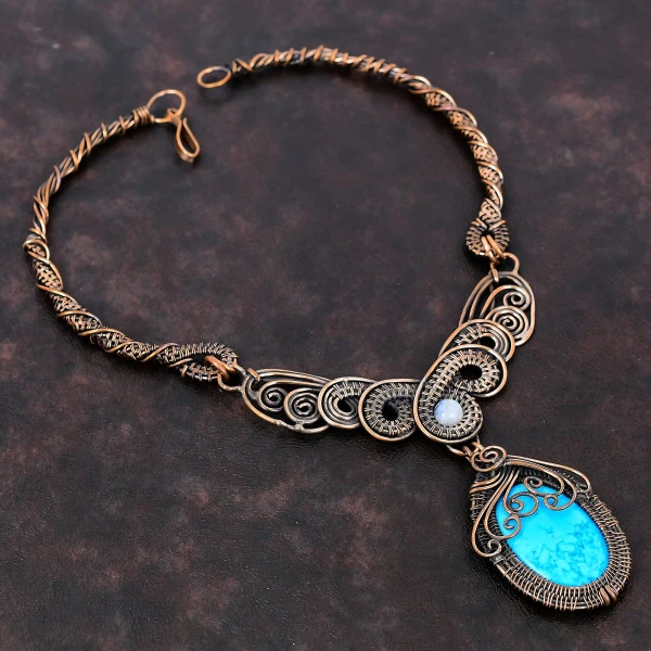 Arizona Turquoise Oval Blue Handmade Copper Wire Wrapped Necklace